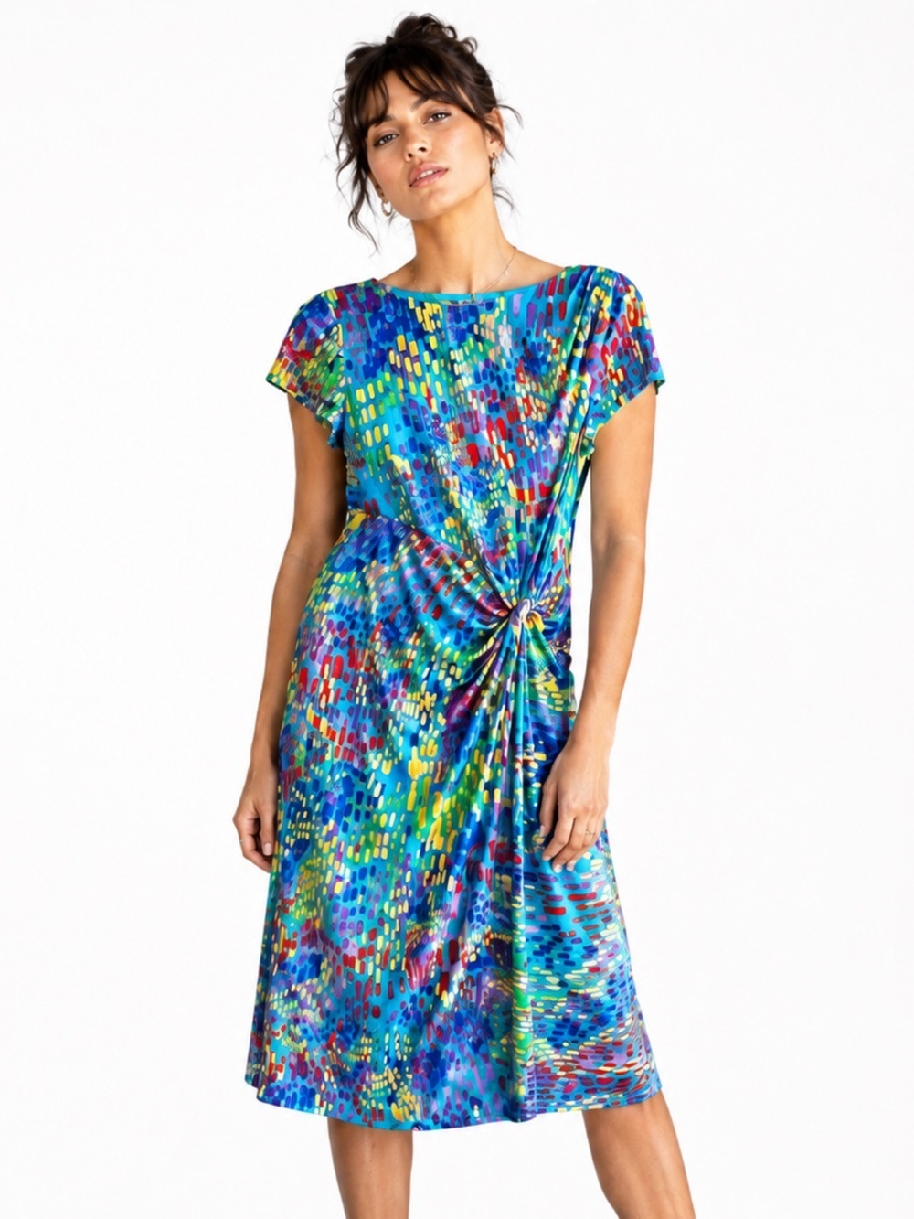 Ellen Tracy Dress‎ Rainbow Colourful Blue Green Midi Gathered Front Size 10